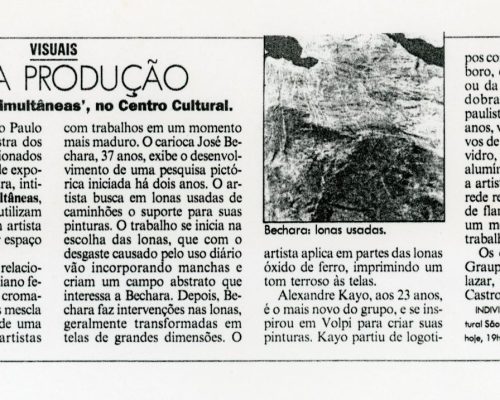“Nova Produção. Em “Individuais simultâneas”, no Centro Cultural”, Visuais, Fonte não identificada, set. de 1994