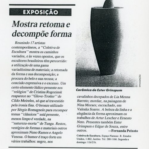 “Mostra retoma e decompõe forma”, Exposição, Revista da Folha, São Paulo, SP, abr. 1994
