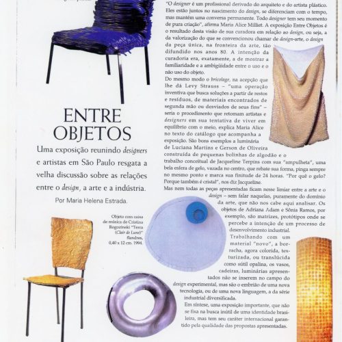 ESTRADA, Maria Helena “Entre Objetos”, Vogue, edição não identificada, São Paulo, SP, mai. 1995