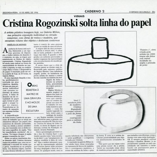 Cristina Rogozinski solta linha do papel”, Crítica,O Estado de São Paulo, São Paulo, SP, 15 abr. 1996, Caderno 2, D3