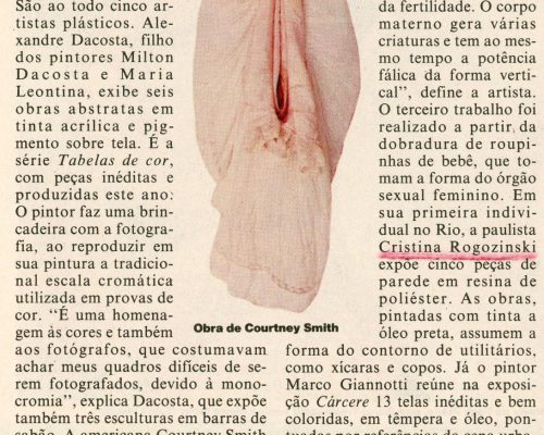 THEVENET, Claudia. “Individuais”, Programa, Jornal do Brasil, Rio de Janeiro, RJ, ano 12, nº 15, 19 jul. 1996, Exposições, p.24