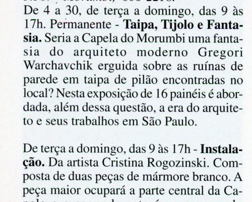 Nota Capela do Morumbi , Agenda Cultural, ano , nº 59, nov. 1997, p.16