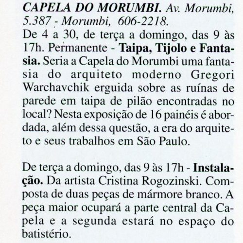 Nota Capela do Morumbi , Agenda Cultural, ano , nº 59, nov. 1997, p.16