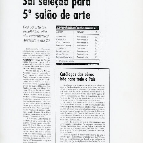 “Sai seleção para 5º salão de arte. Dos 50 artistas escolhidos, oito são catarinenses. Abertura é dia 25”, A Notícia, Joinville, SC, 12 nov. 1997, Anexo p.C3