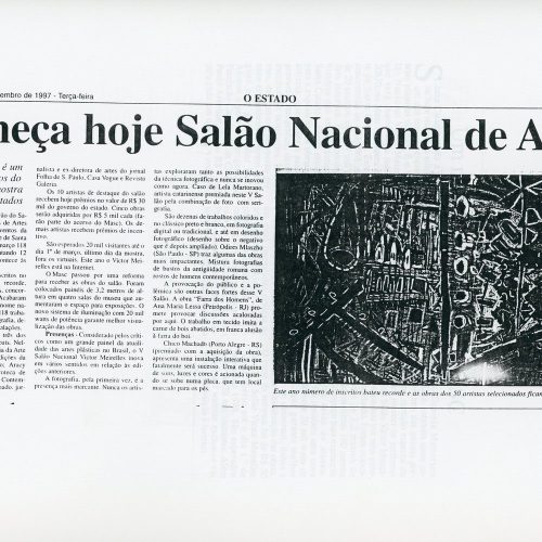 “Começa hoje Salão Nacional de Artes. O Victor Meirelles é um dos maiores eventos do gênero no país e mostra 118 obras de 12 estados”. O Estado, Florianópolis, SC, 25 nov. 1997, Cultura, p.11