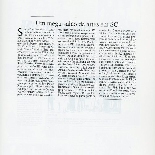 “Um mega-salão de artes em SC”, Gazeta do Povo, Curitiba, PR, 25 nov. 1997, Colunistas, p.26