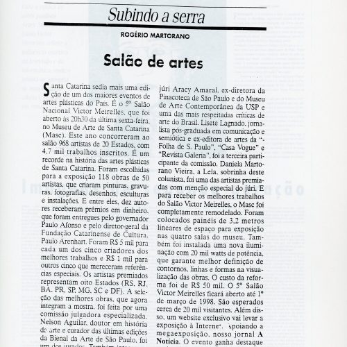 MARTORANO, Rogério “Salão de Artes”, Subindo a Serra, A Notícia, Joinville, SC, 1 dez. 1997, Geral, p.B1