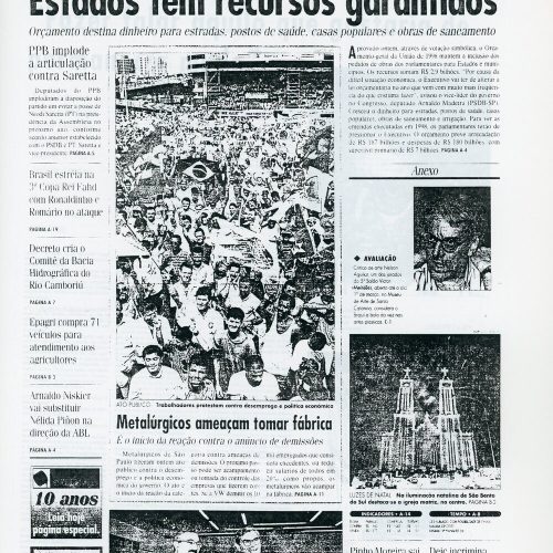 Nota e foto na primeira página, A Notícia, Florianópolis, SC, 12 dez. 1997