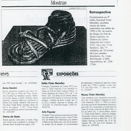 Notas “Retrospectiva” e “Salão Victor Meirelles” e fotos, An Capital, Florianópolis, SC, 2 jan. 1998, Fim de semana, p.8