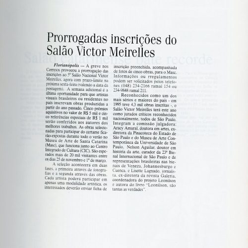“Prorrogadas inscrições do Salão Victor Meirelles”, A Notícia, Joinville, SC, 11 set. 1997, Anexo, p. C3