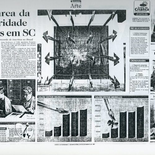 “Na marca da maturidade nas artes em SC. Salão Victor Meirelles bate um recorde de inscritos no Brasil”, Diário Catarinense, Florianópolis, SC, 24 set. 1997, Variedades, p.4-5