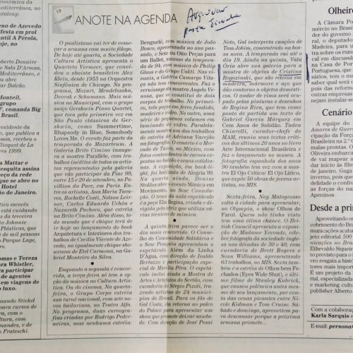 Nota de “Anote na Agenda”, O Estado de São Paulo, São Paulo, SP, s.d.
