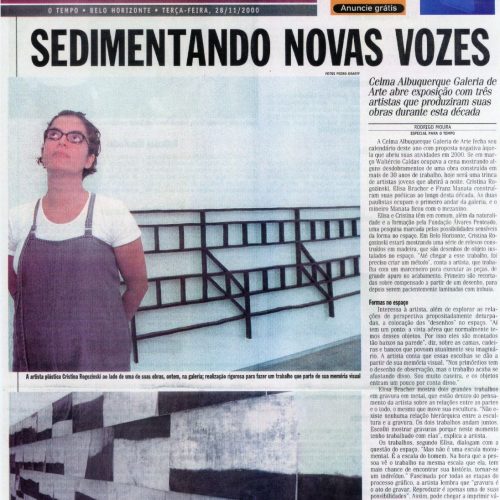 SZLARZ, Eduardo “Respostas à modernidade. Três artistas apresentam suas reflexões sobre o cenário atual”, Estado de Minas, Belo Horizonte, 28 nov. 2000, Espetáculo / Artes Visuais, p.8