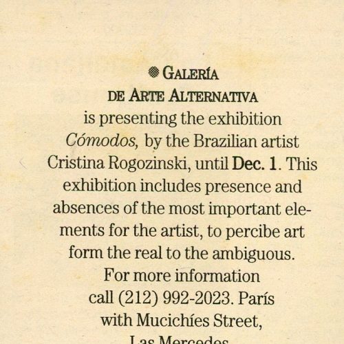 Nota “Galeria de Arte Alternativa”, The Daily Journal, Caracas, Venezuela, 4 nov. 2002
